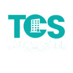 Total Care Services logo featuring large teal “TCS” initials with a simple building icon inside the letter C, above the words “Total Care Services” in white.